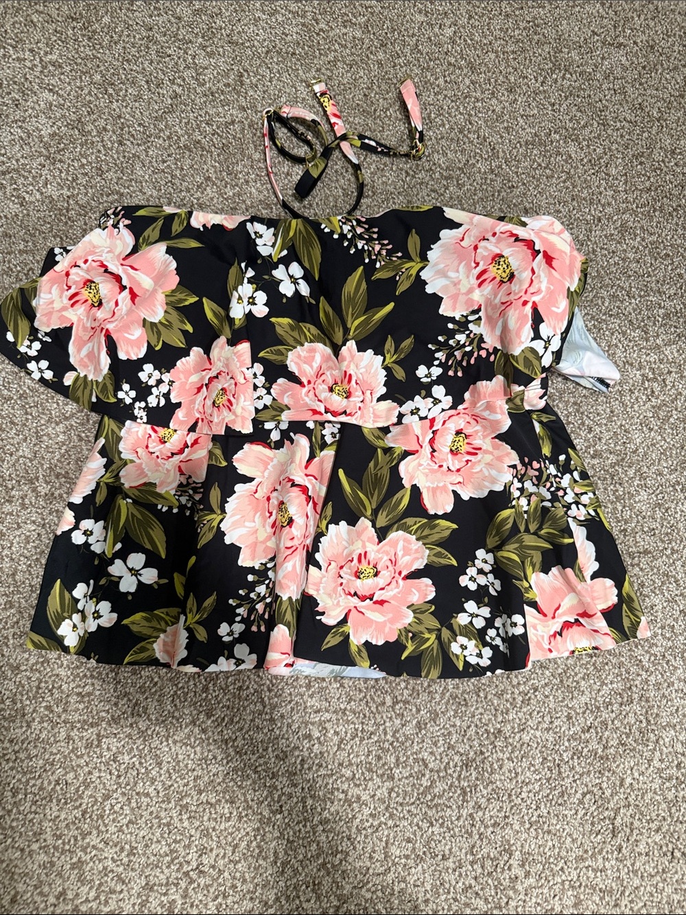 Kona Sol Black Off-Shoulder Floral Swim Top with Pink Blooms